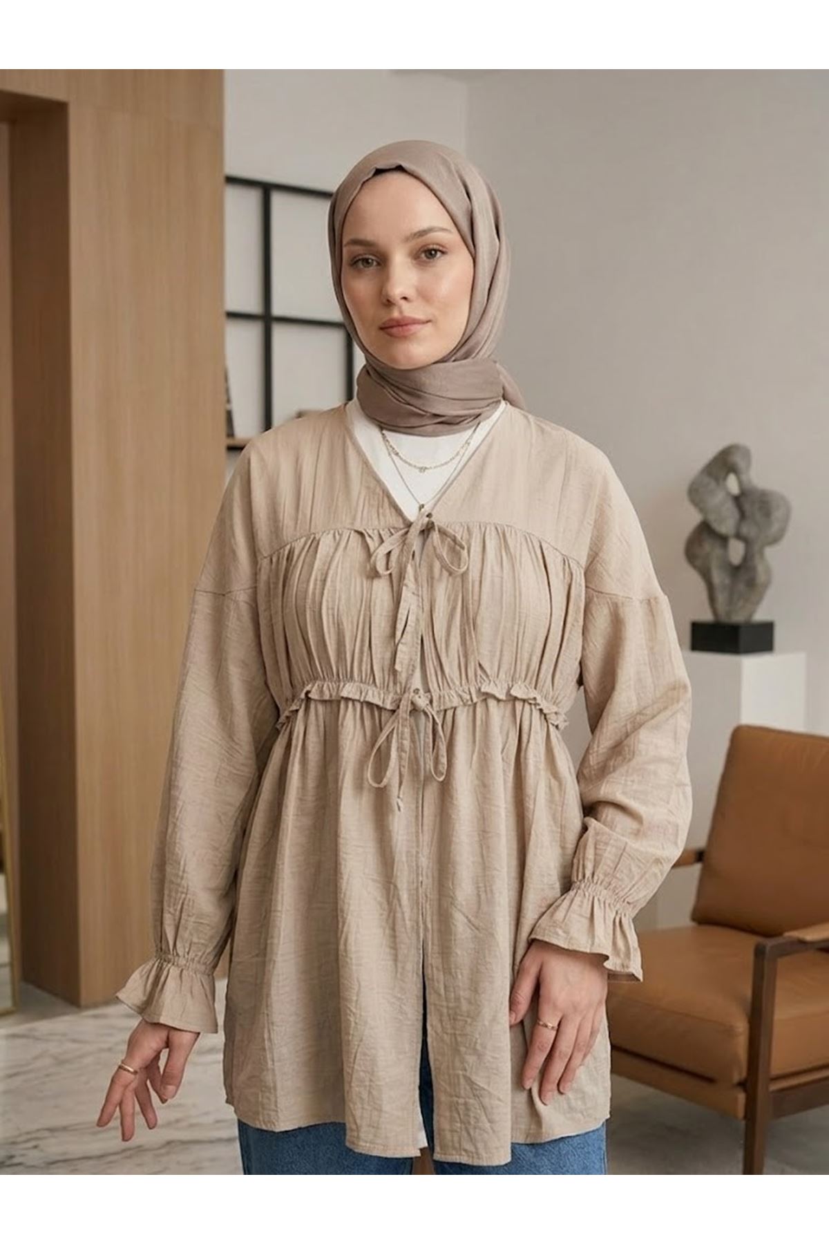 Büzgülü Bağlamalı Tunik-Vizon