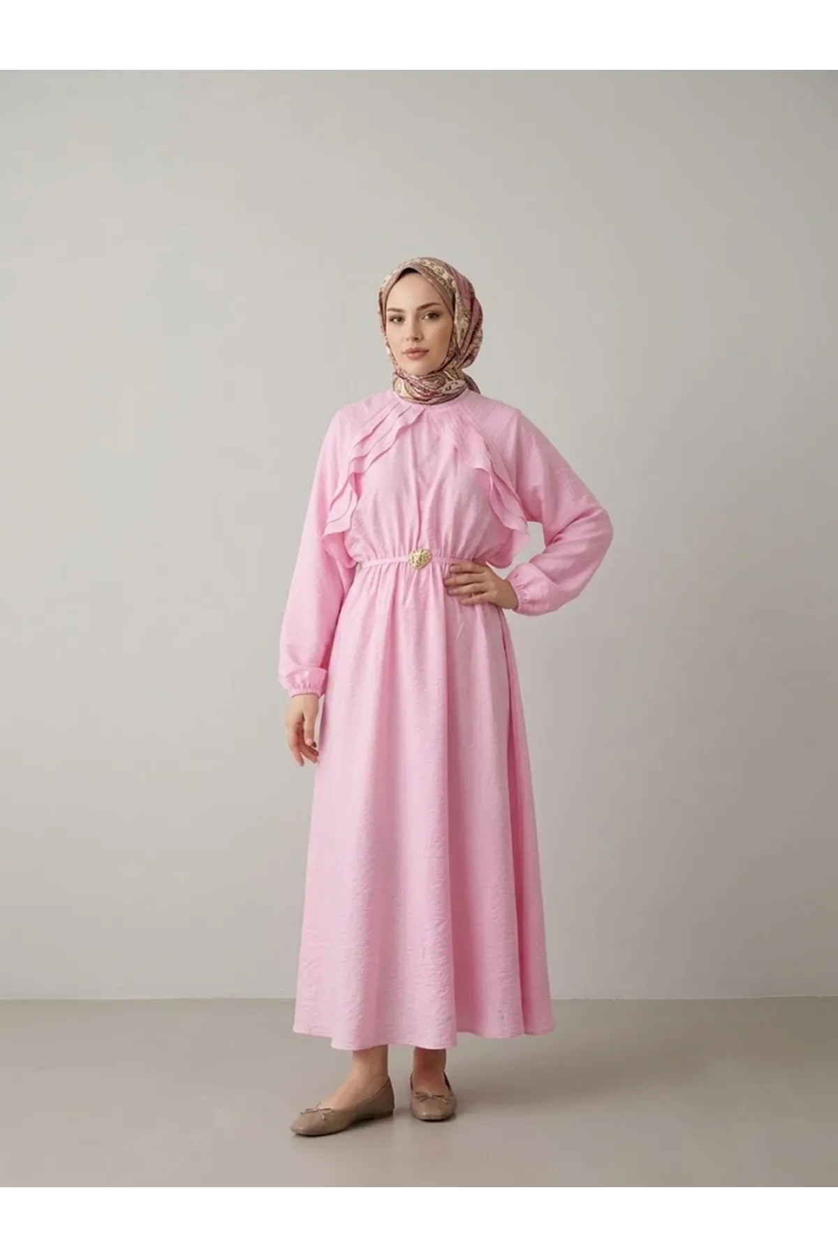Fırfır Detay Elbise-Pembe