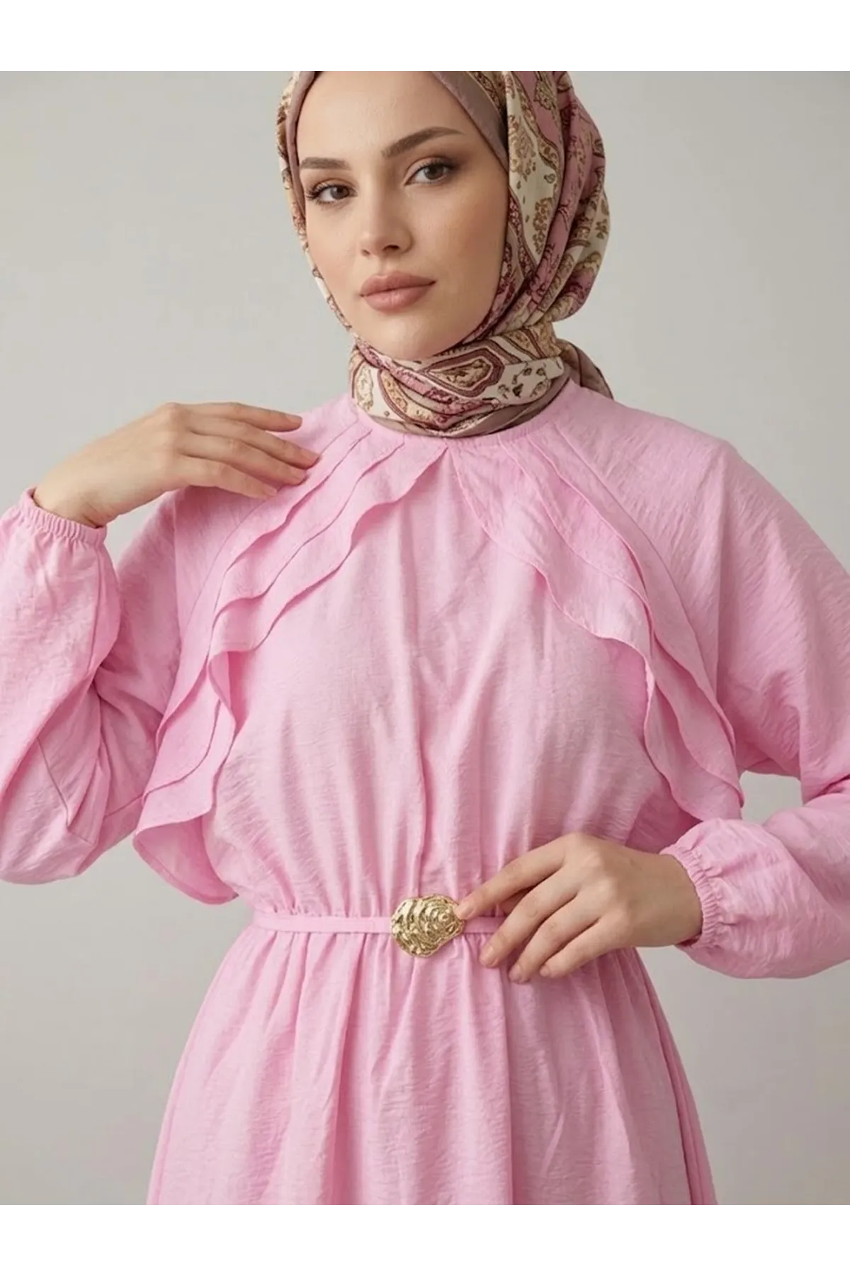 Fırfır Detay Elbise-Pembe