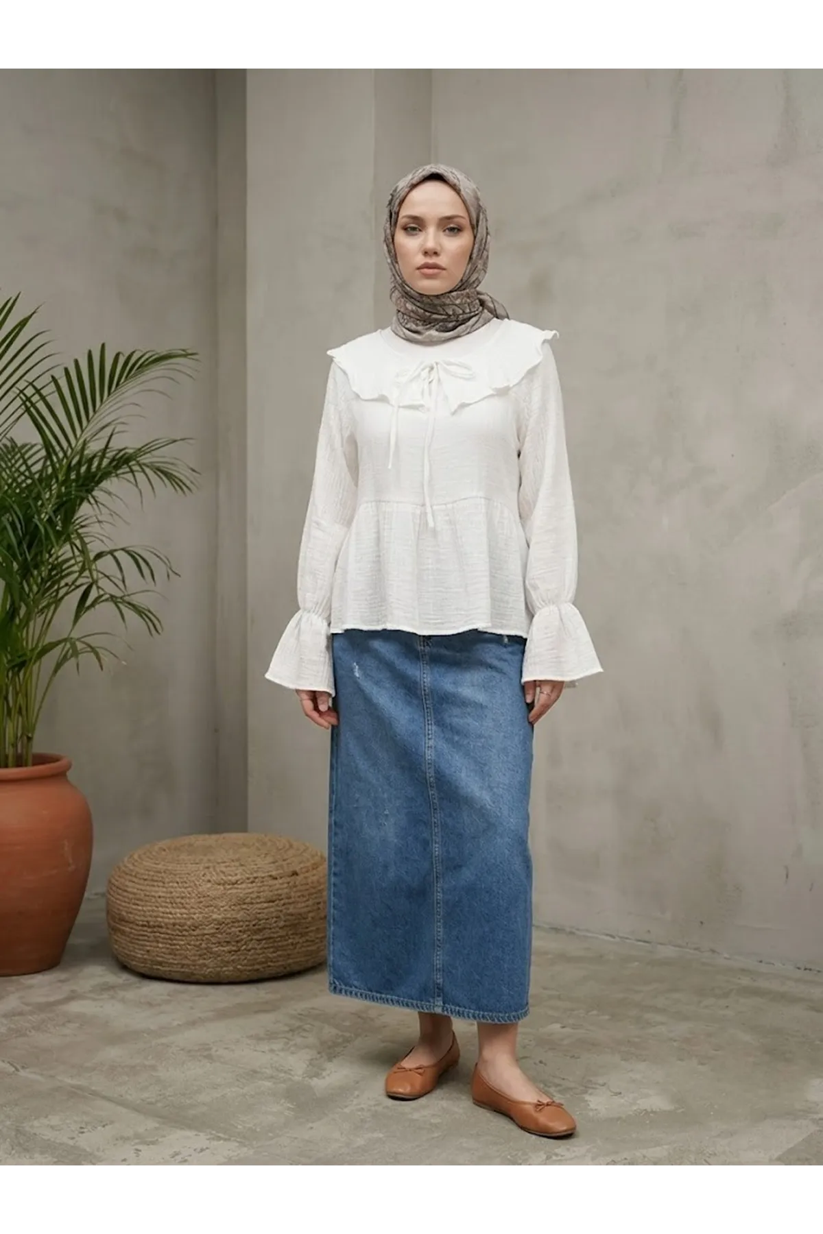 Yaka Bağlamalı Tunik-Ekru
