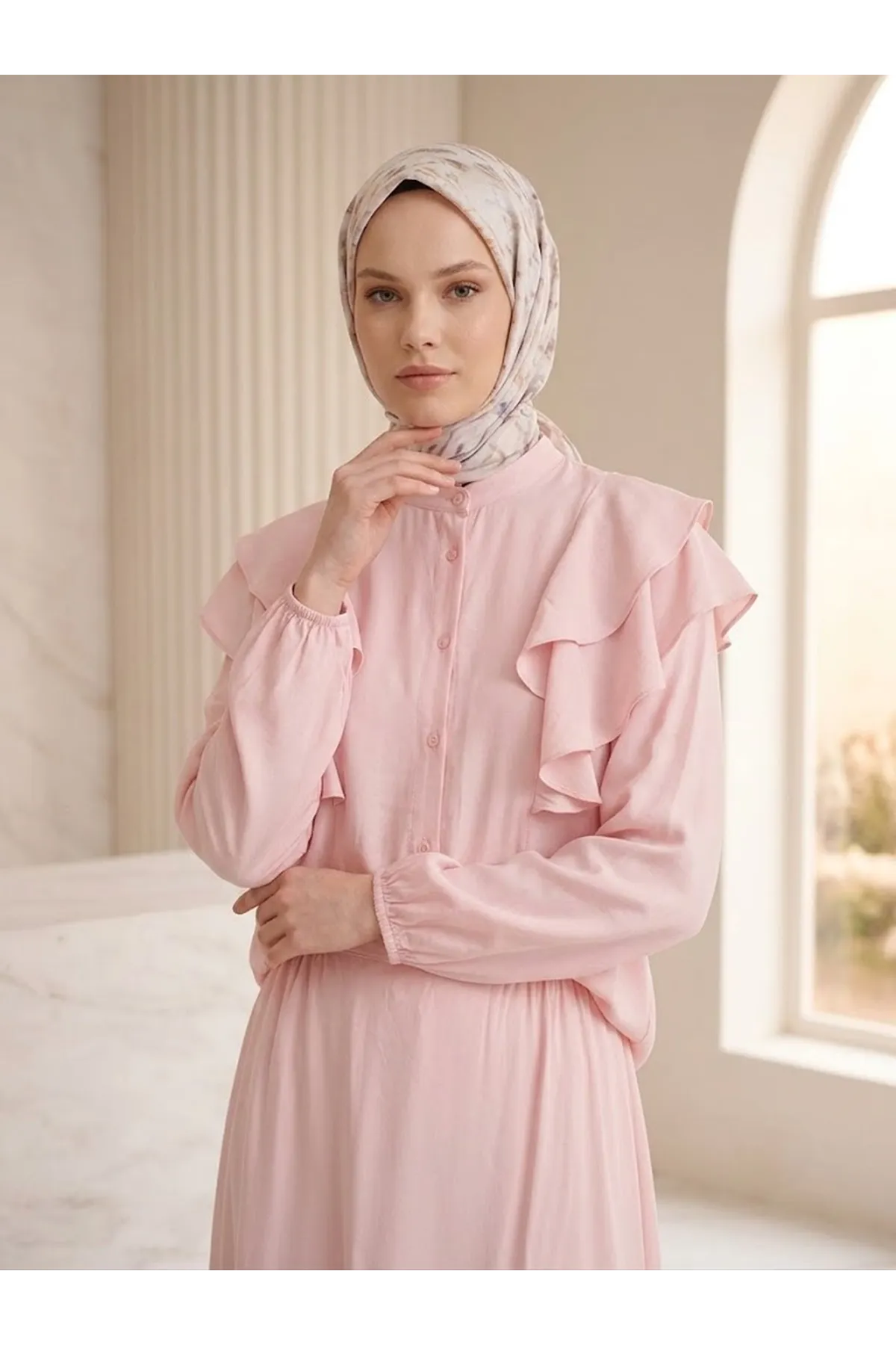 Omuz Volanlı Etekli Takım-Pembe