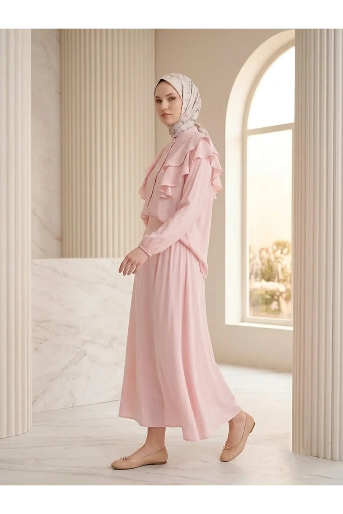 Omuz Volanlı Etekli Takım-Pembe