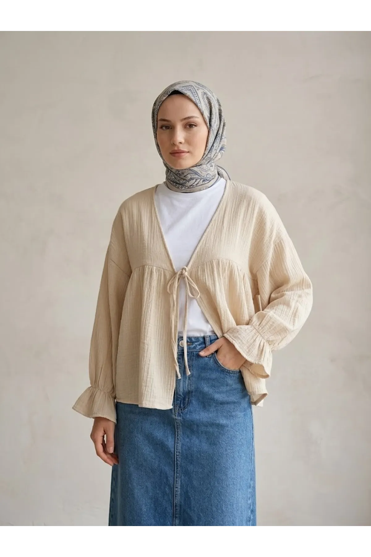 Önü Bağlamalı Kısa Kimono-Bej
