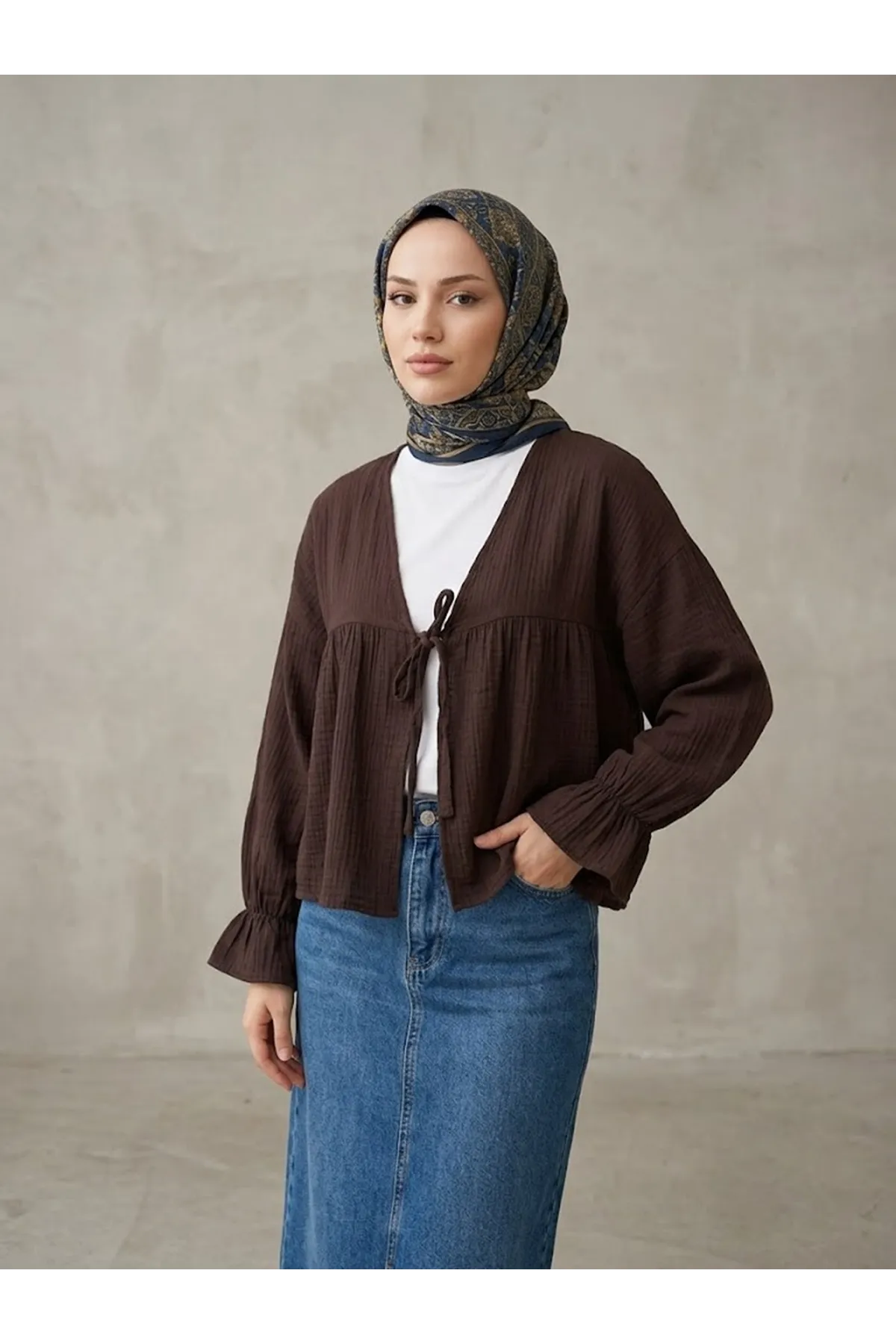 Önü Bağlamalı Kısa Kimono-Kahve