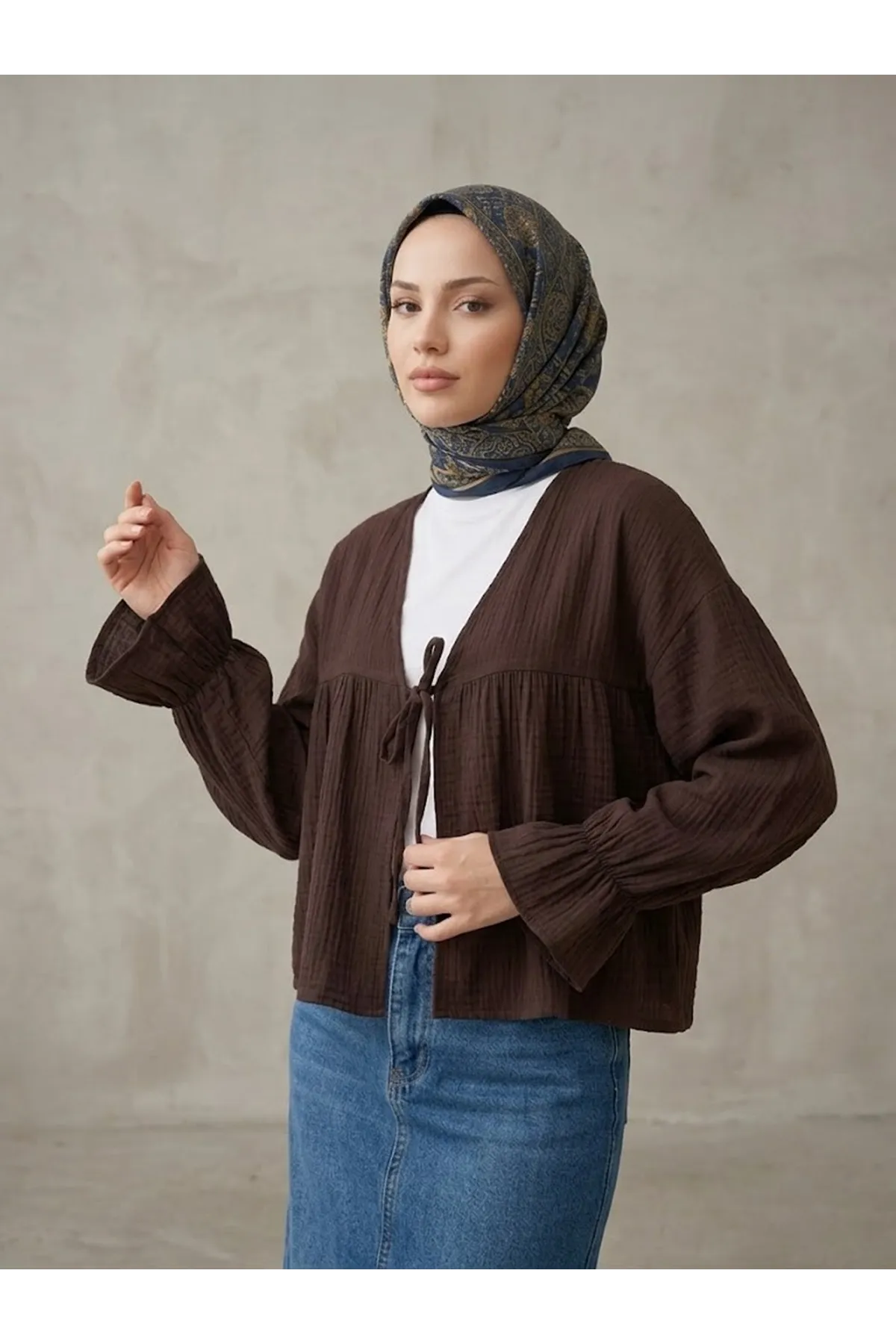 Önü Bağlamalı Kısa Kimono-Kahve