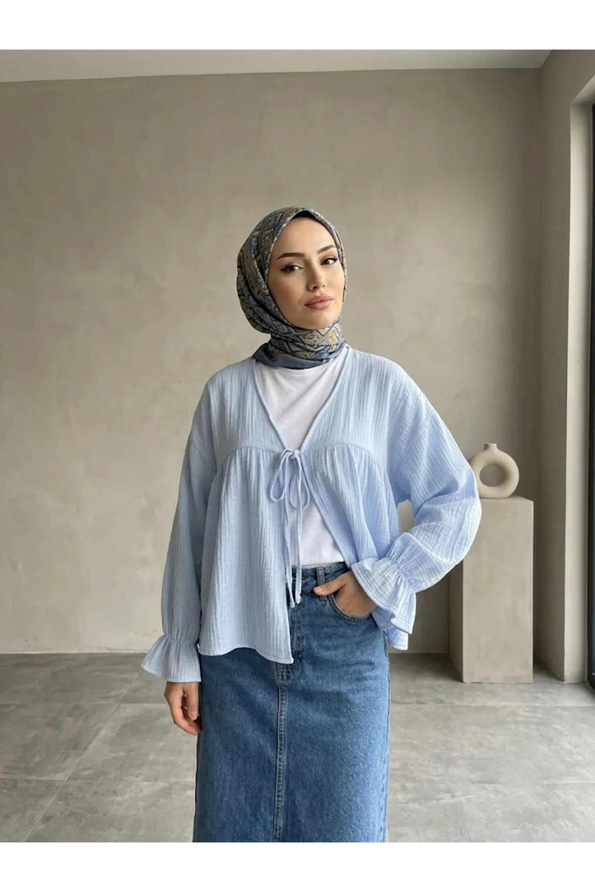 Önü Bağlamalı Kısa Kimono-Mavi