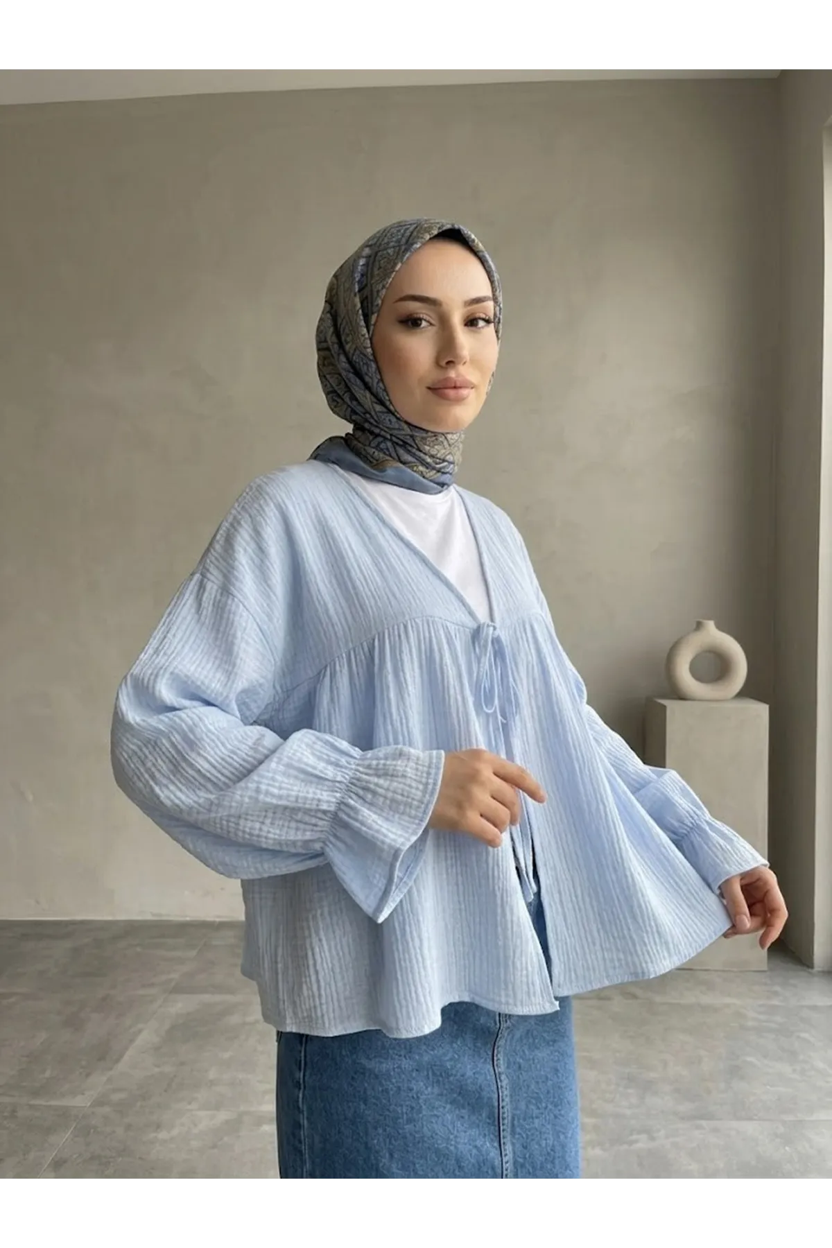 Önü Bağlamalı Kısa Kimono-Mavi