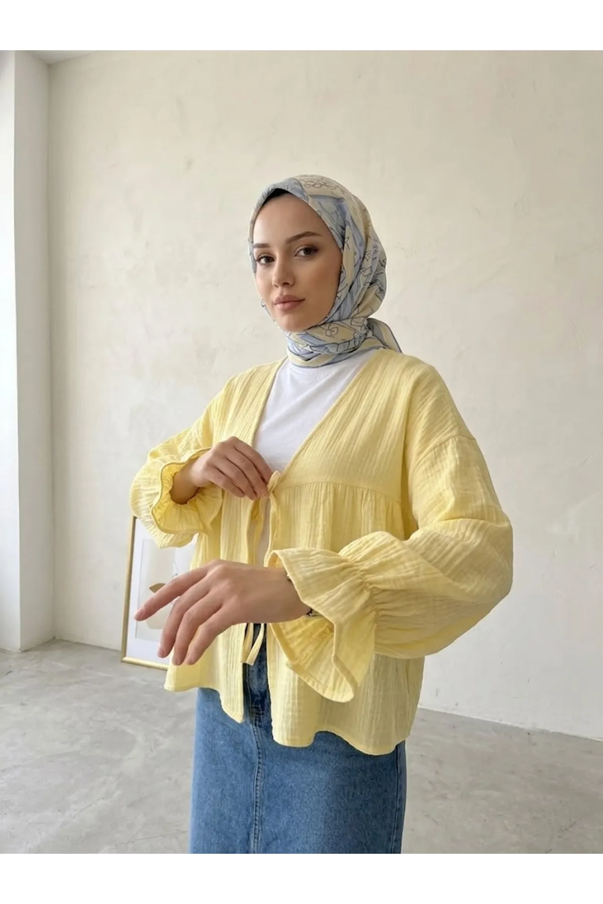 Önü Bağlamalı Kısa Kimono-Sarı