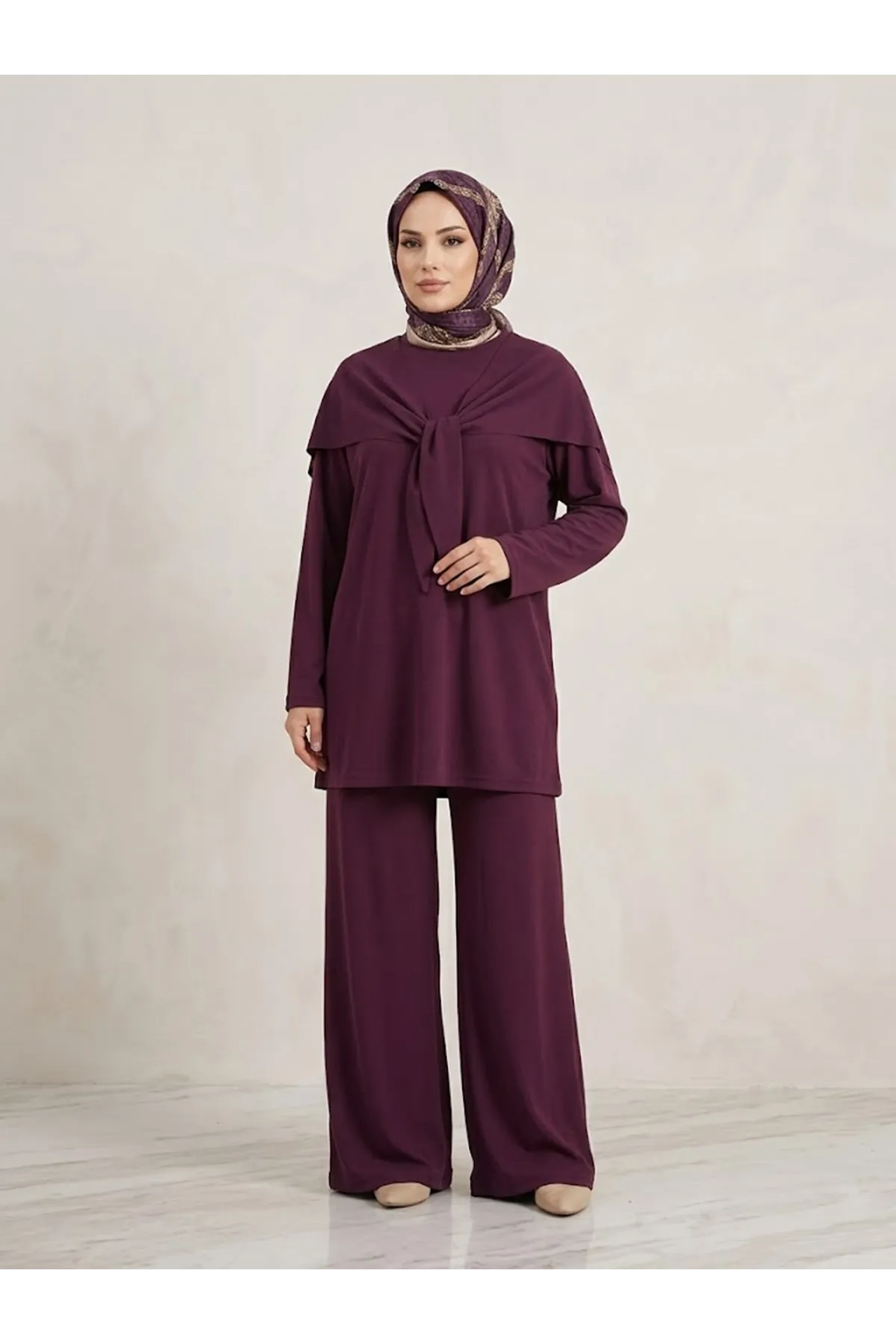 Pelerin Detay  Pantolonlu Pike Takım-Bordo