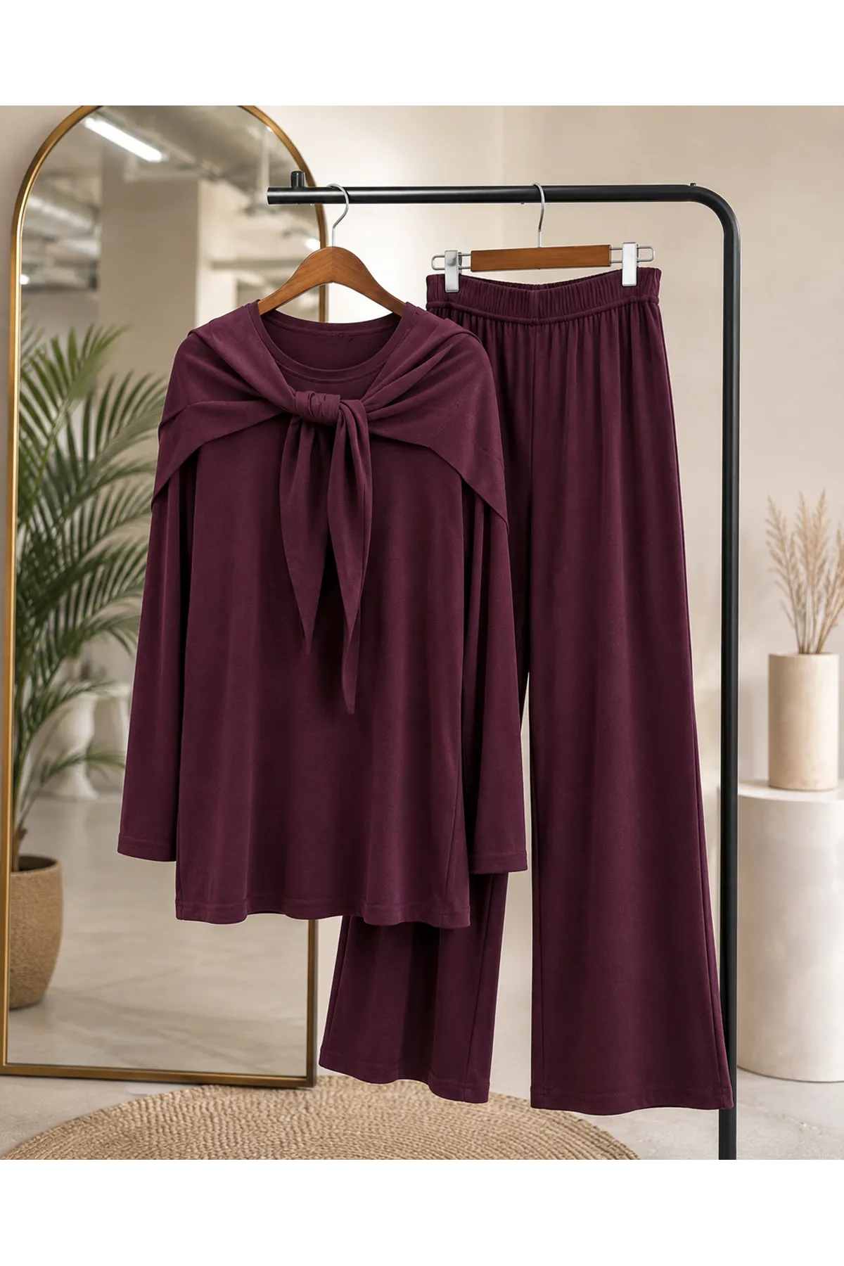 Pelerin Detay  Pantolonlu Pike Takım-Bordo