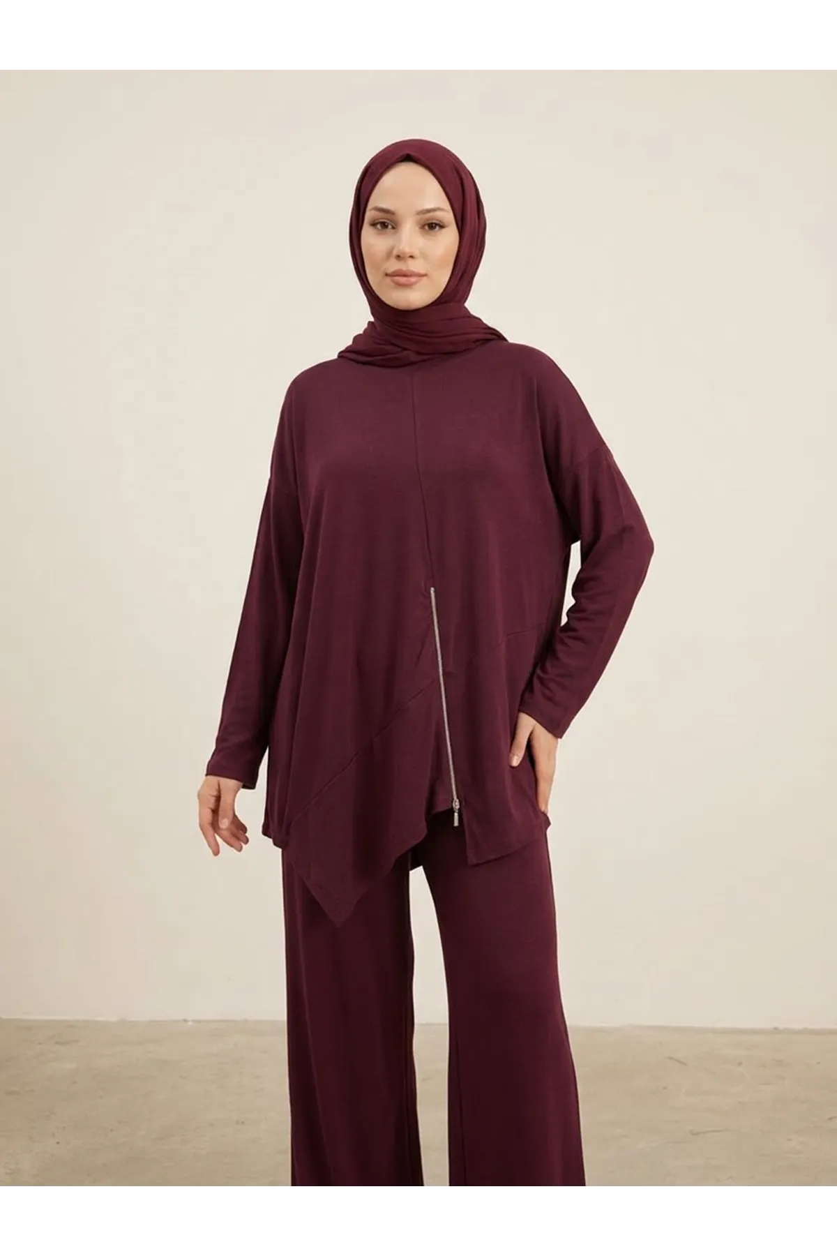 Fermuar Detay Asimetrik  Kesim Pantolonlu Takım-Bordo