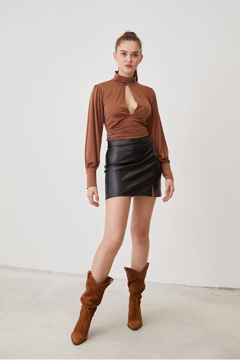 Bel Bağlamalı Bluz-Kahve