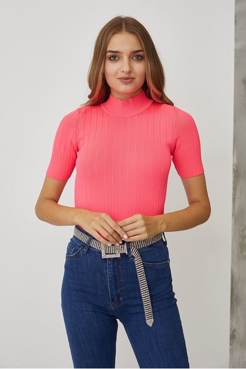 Kısa Kol Triko Bluz-Fuşya