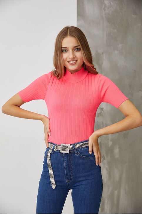 Kısa Kol Triko Bluz-Fuşya