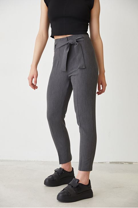 Kemerli Kumaş Pantolon-Gri