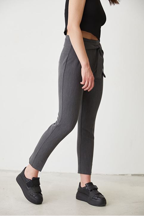 Kemerli Kumaş Pantolon-Gri