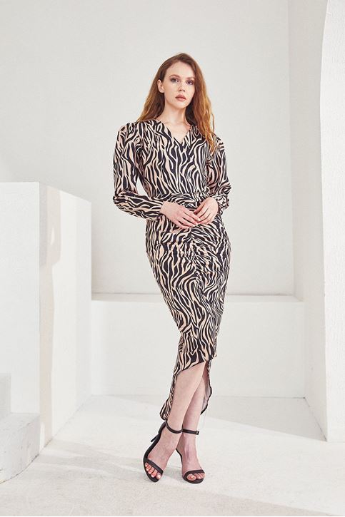 Zebra Desen Elbise-Bej