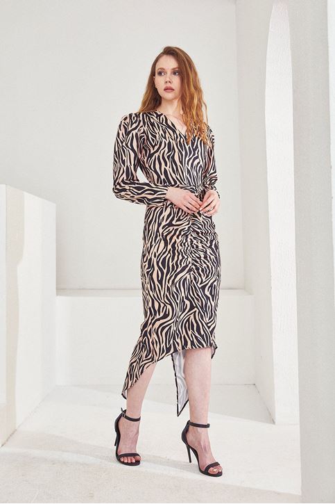 Zebra Desen Elbise-Bej