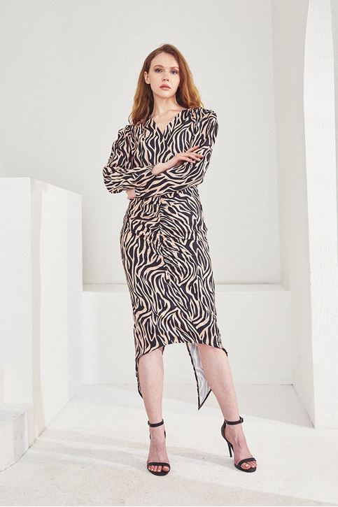 Zebra Desen Elbise-Bej