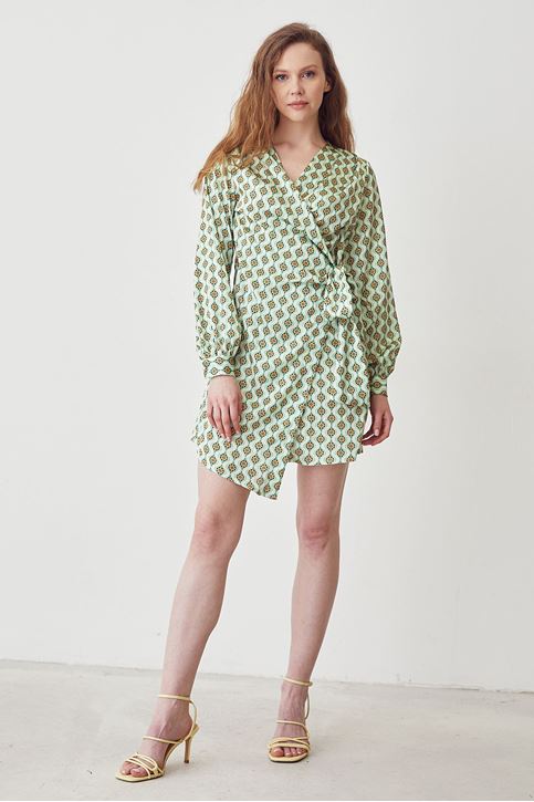 Bağlamalı Saten Elbise-Yeşil