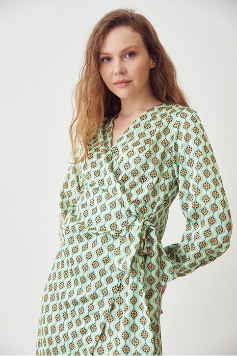 Bağlamalı Saten Elbise-Yeşil