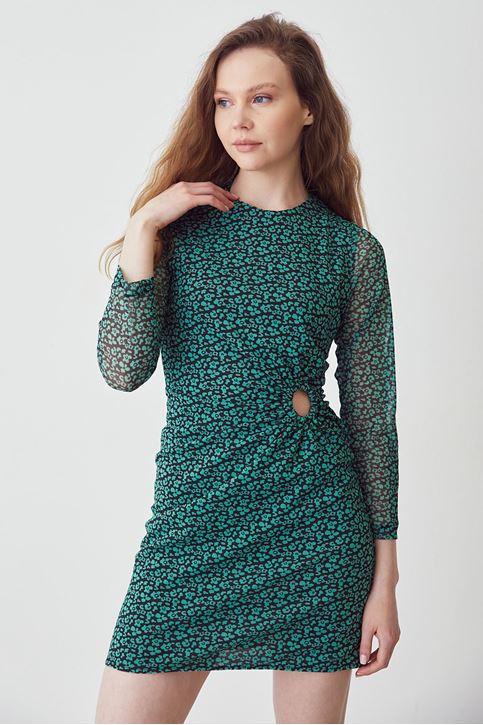 Beli Tokalı Tül Elbise-Yeşil