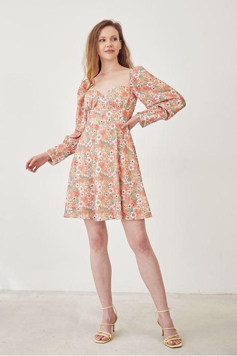 Çiçek Desen Sırt Detay Elbise-Oranj