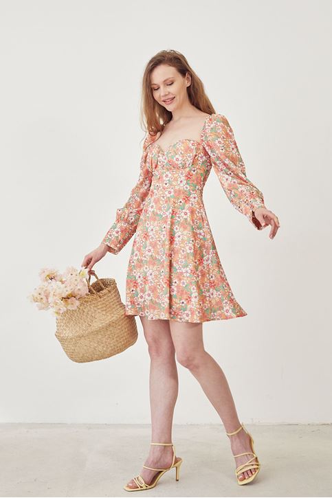 Çiçek Desen Sırt Detay Elbise-Oranj