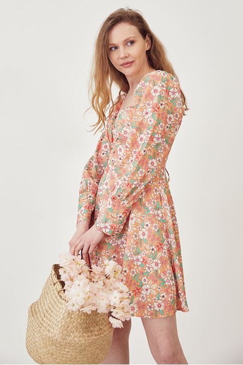 Çiçek Desen Sırt Detay Elbise-Oranj