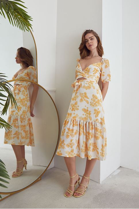 Çiçek Desenli Kuşaklı Elbise-Sarı