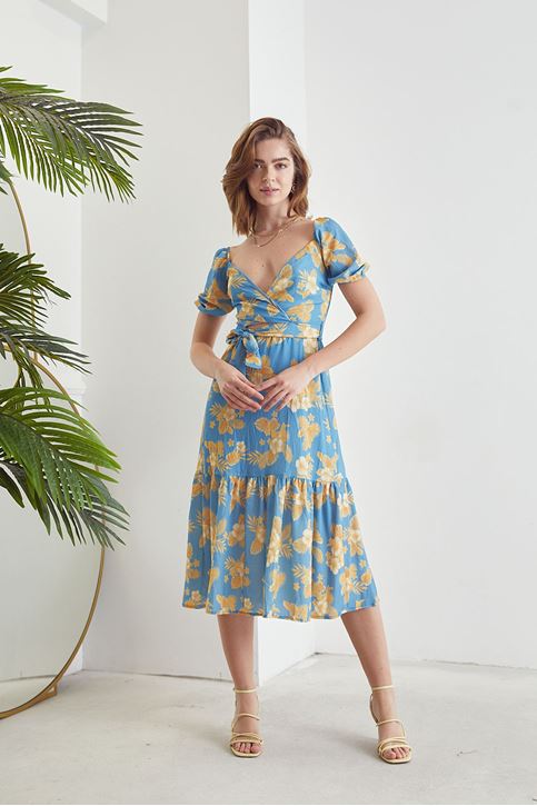 Çiçek Desenli Kuşaklı Elbise-Mavi