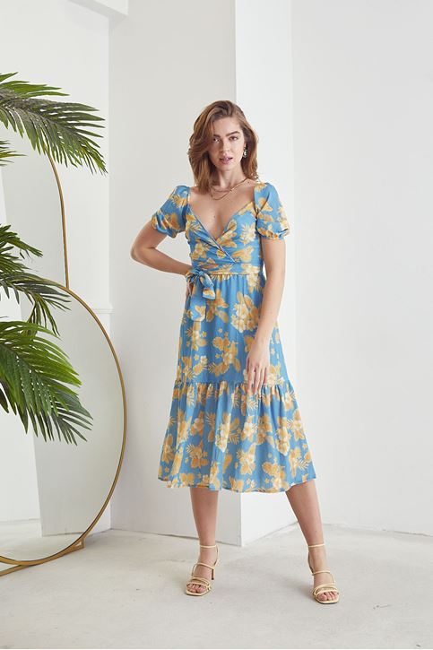 Çiçek Desenli Kuşaklı Elbise-Mavi