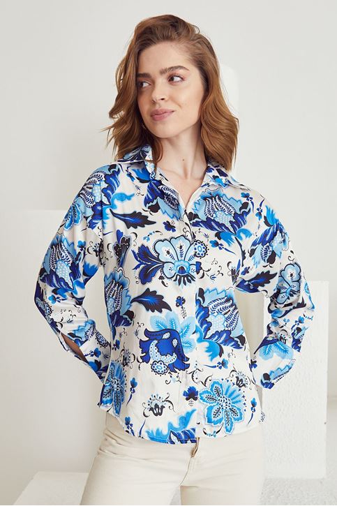 Desenli Saten Gömlek-Mavi