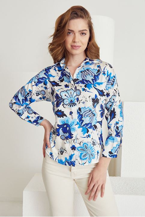 Desenli Saten Gömlek-Mavi