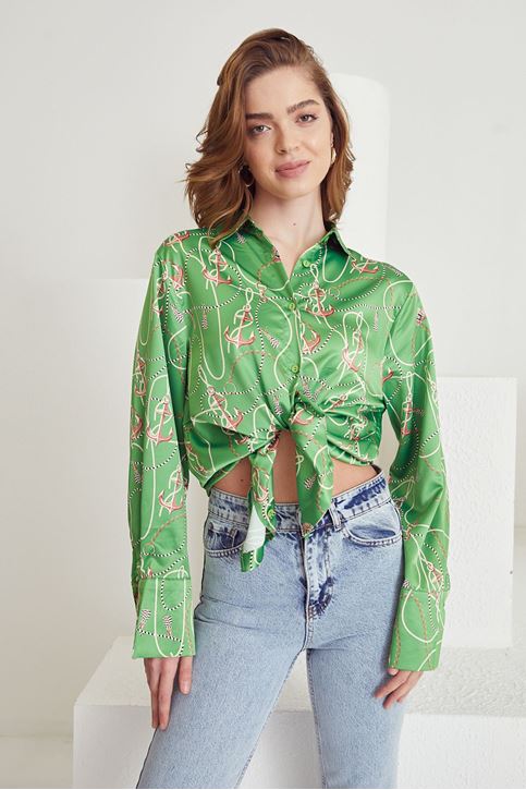 Zincir Desen Saten Gömlek-Yeşil