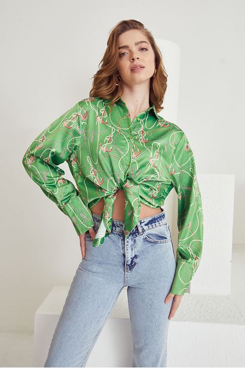 Zincir Desen Saten Gömlek-Yeşil