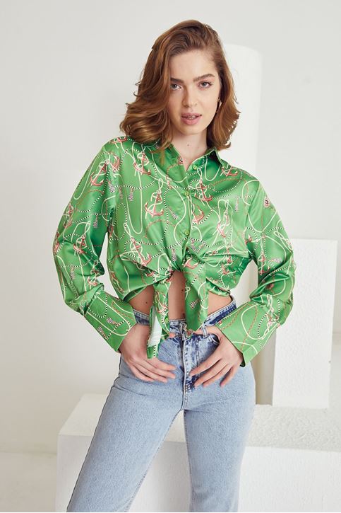 Zincir Desen Saten Gömlek-Yeşil