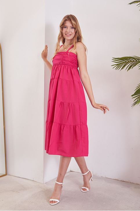 Poplin Askılı Elbise-Fuşya