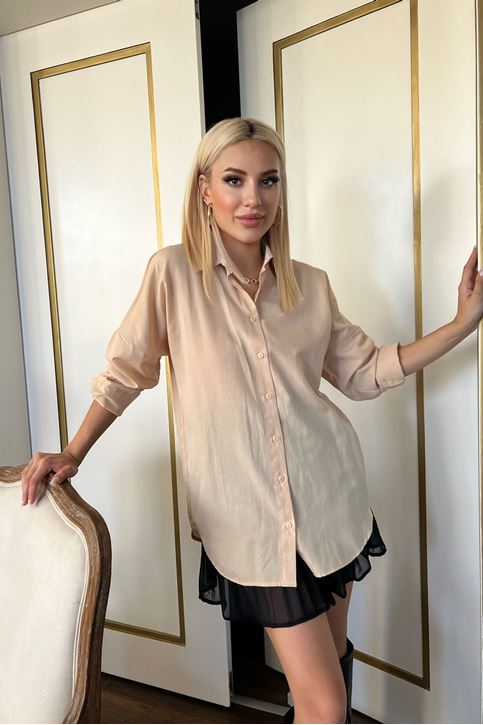 Düğmeli Poplin Gömlek-Bej
