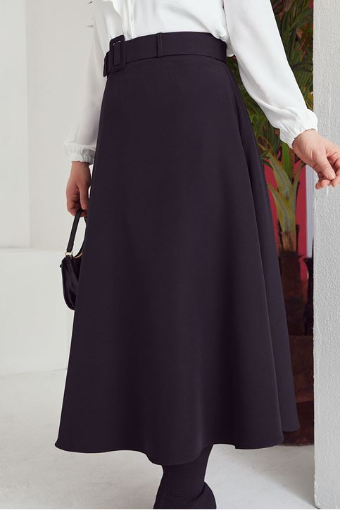 Kemerli Kloş Etek-Siyah