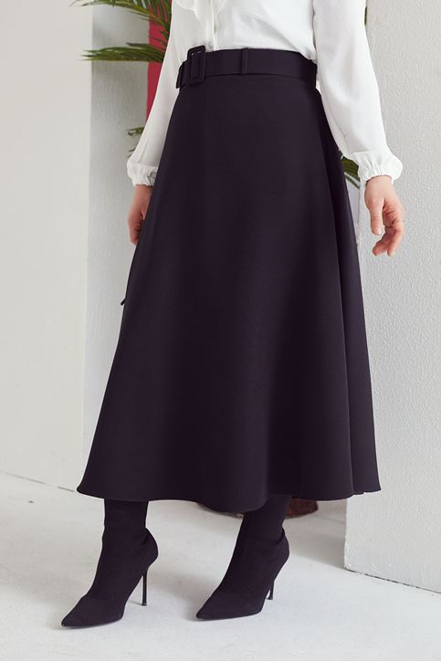 Kemerli Kloş Etek-Siyah