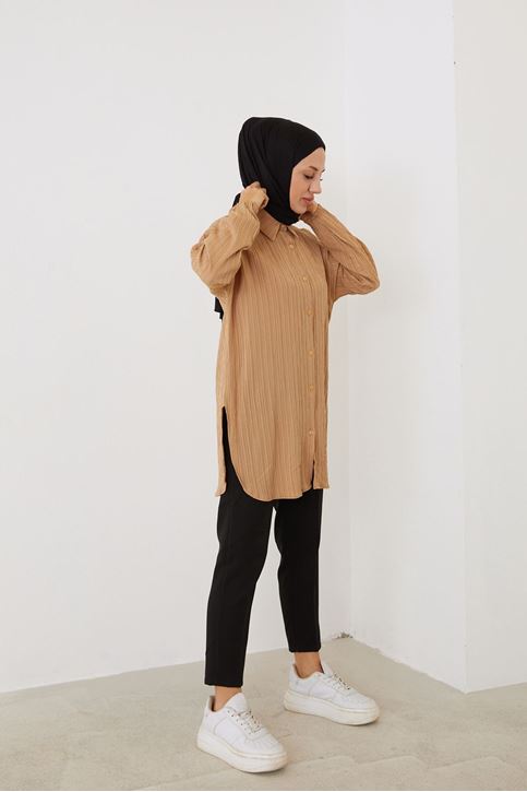 Kol Lastik Yırtmaç Detaylı Tunik-Karamel
