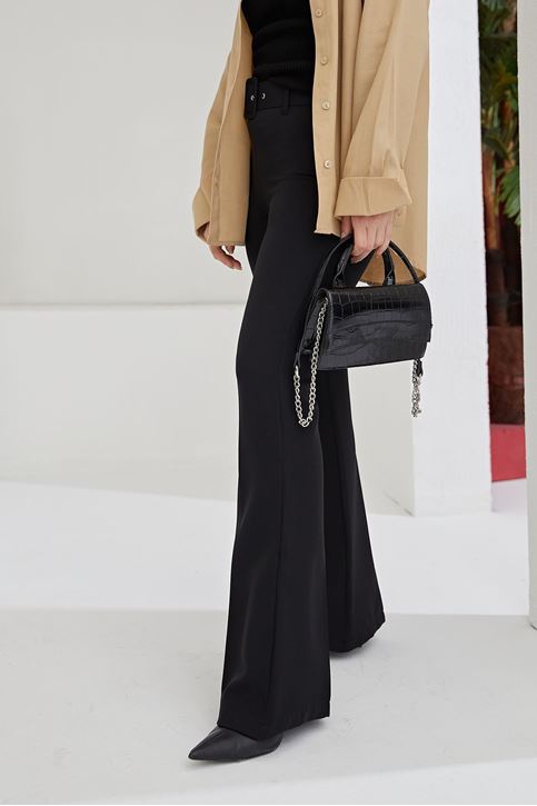 İspanyol Paça Dabıl Pantolon-Siyah