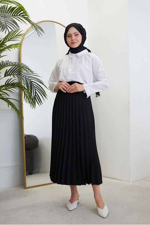 Kadın Soley Pilise Detaylı Yazlık Uzun Tesettür Etek-Siyah