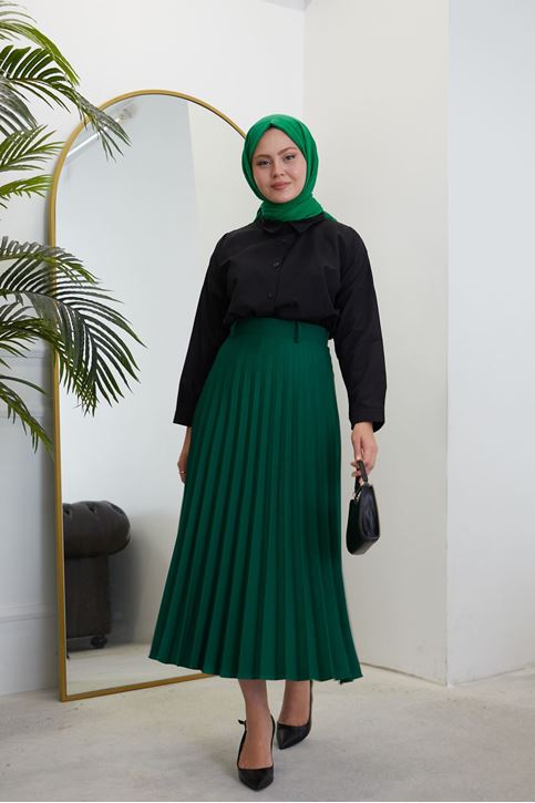 Kadın Soley Pilise Detaylı Yazlık Uzun Tesettür Etek-Zümrüt Yeşili