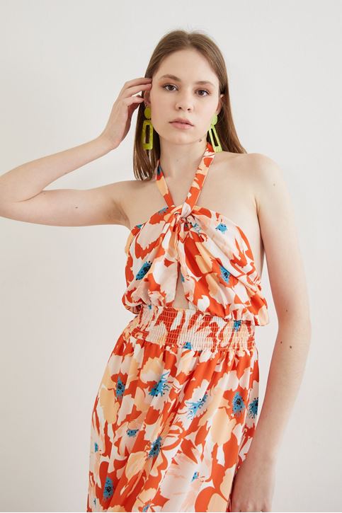 Çiçek Desen Elbise-Oranj