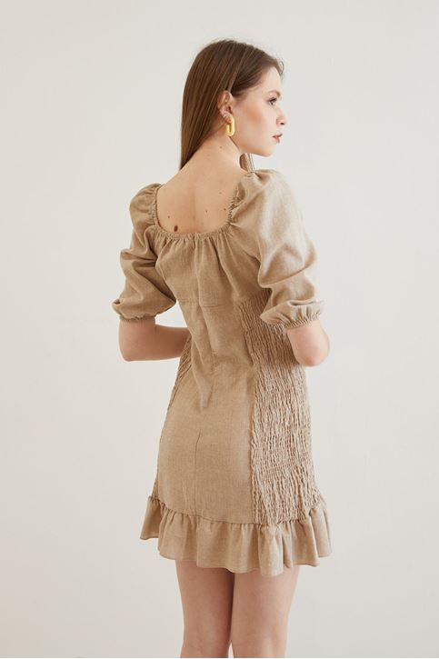 İpli Keten Elbise-Bej