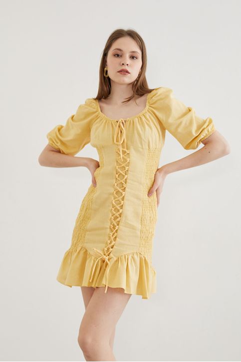 İpli Keten Elbise-Sarı