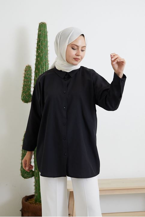 Düğmeli Poplin Gömlek-Siyah