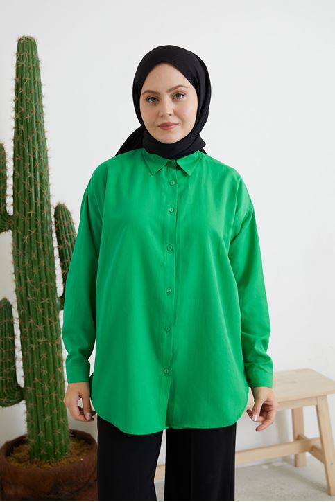 Düğmeli Poplin Gömlek-Yeşil